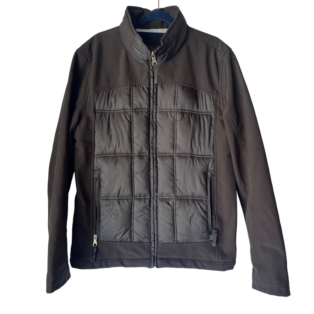 GUESS Womens Black Mixed Media Quilted Puffer Softshell Full Zip Jacket